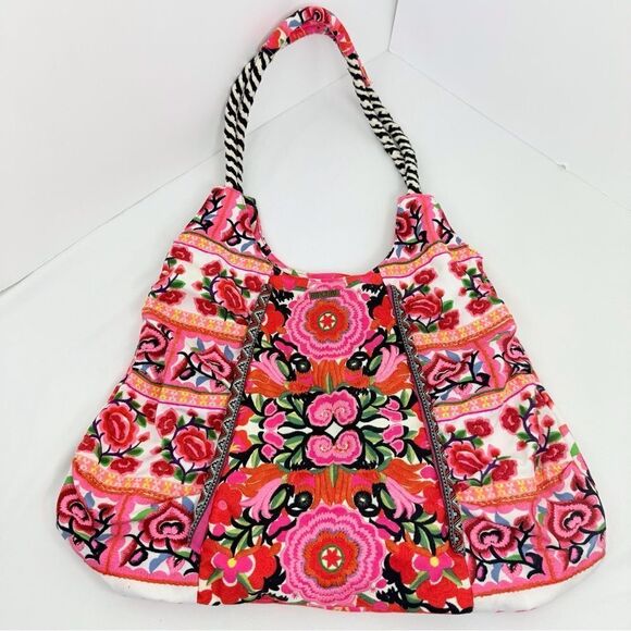 Rip Curl Vibrant Pink Red Embroidered Floral Soft Cotton Canvas Boho Tote Bag - Picture 5 of 16